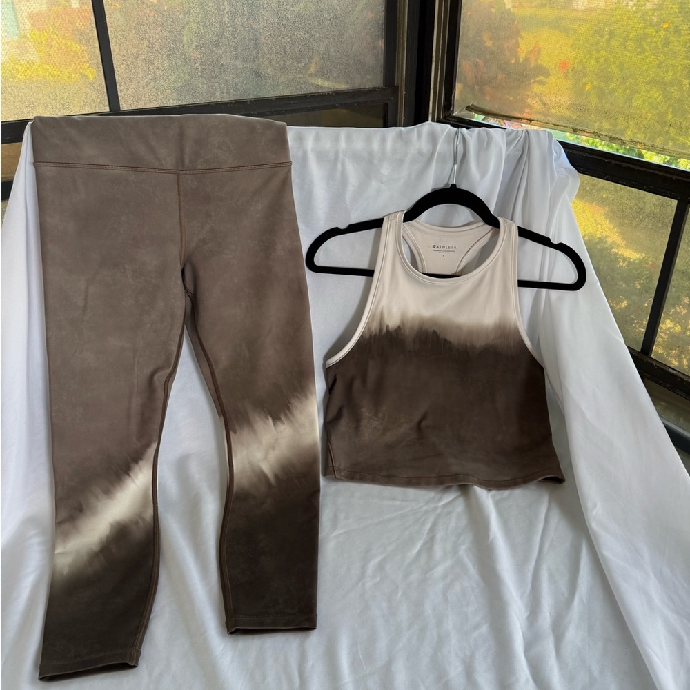 Athleta Brown and Cream Tank Top and leggings set.